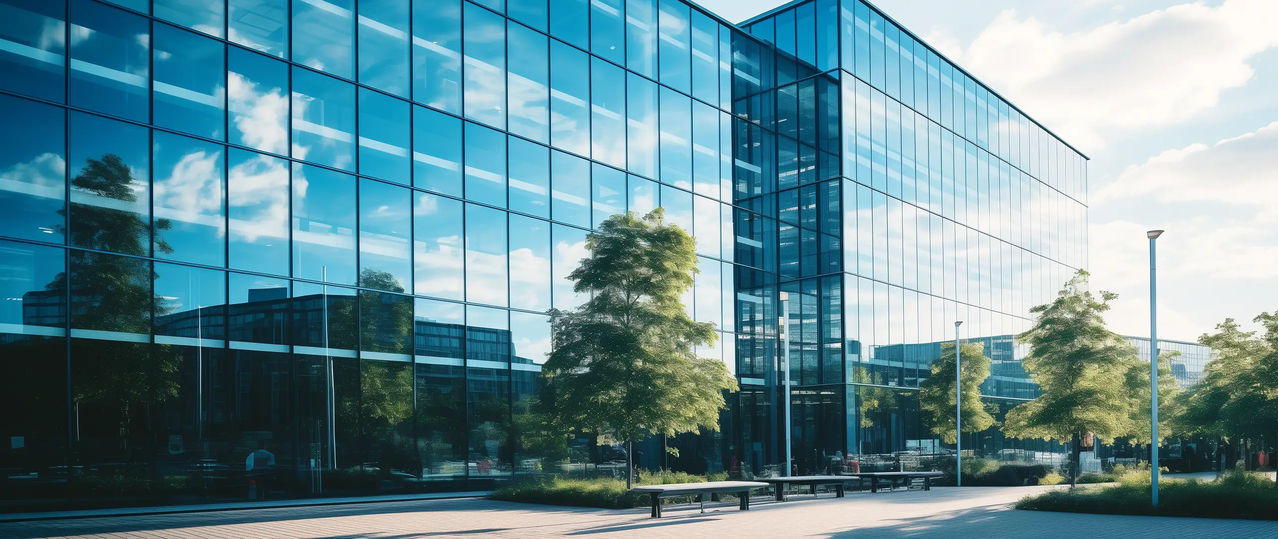 Kontorsbyggnad med en massa glas - Solfilm Fönster i Sverige, professionell montering av solfilm av filmtek.